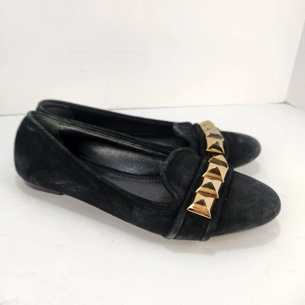 Tory Burch Women's 6.5M Black Suede Asher Studded Ballet Flats Gold Hardware